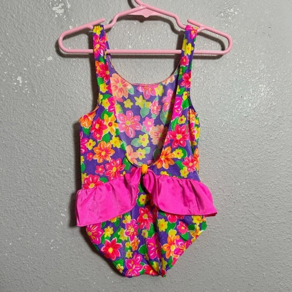 VTG 90s Oshkosh Bgosh Swimsuit 3T/4T Neon Floral Ruffles One Piece Swim